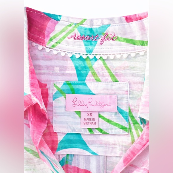 Lilly Pulitzer Eliot Floral Resort Fit Shirt XS Metallic Stripe Cotton - Picture 3 of 4